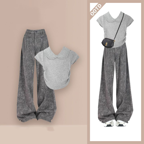 【単品販売】着痩せ効果 半袖 Vネック 無地 Tシャツ＋デニムパンツ 二点セット fashion ootd カジュアルコーデ ファッション コーディネート 今日のコーデ coordinate トレンドコーデ 着回しコーデ 大人コーデ 大人可