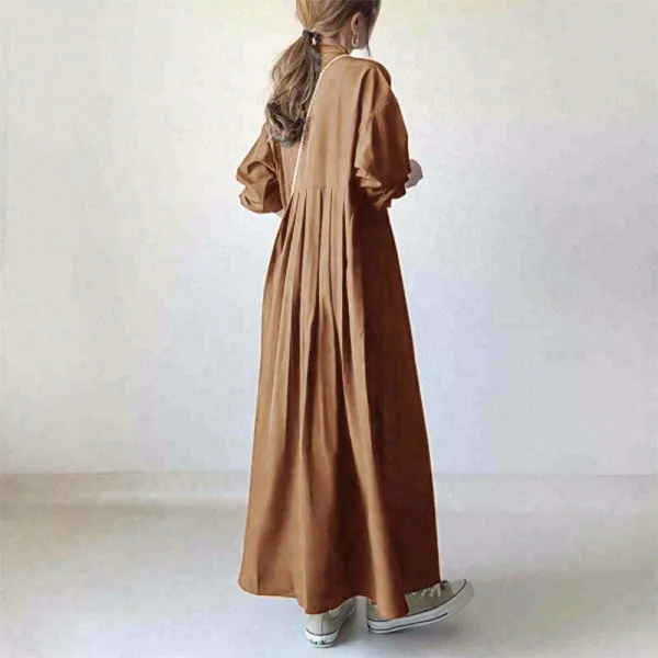 肌触りよく どんな体型にも適合 ラウンドネック ボタン長袖ドレス