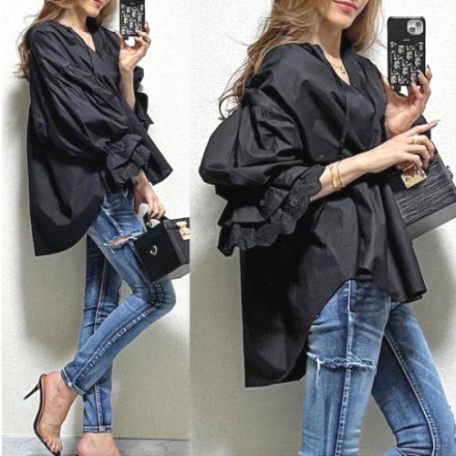 肌触りよく ファッション 無地 シングルブレスト 切り替え レース パフスリーブ シャツ fashion ootd カジュアルコーデ ファッション コーディネート 今日のコーデ coordinate トレンドコーデ 着回しコーデ 大人コーデ