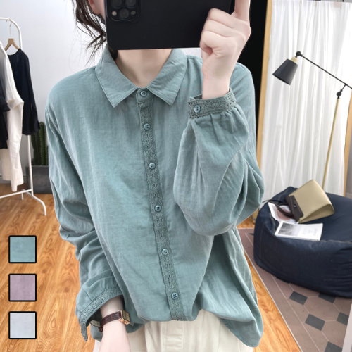 新商品＆再入荷レース無地ラウンドネック長袖切り替えカジュアルシャツファッションcoordinateカジュアルコーデコーディネート今日のコーデ大人コーデレディースfashionootd春コーデ春服