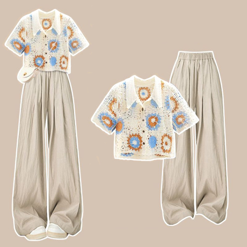 【単品注文】気分転換 プリント キュート 透かし編み ニット トップス+パンツ 2点セットアップ