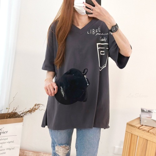 Tシャツ  カジュアル  コットン  半袖  ゆったり  Vネック  スリット  夏服  韓国風  コットン100%  レイジー風  新作  レディース  大きめサイズ  トップス