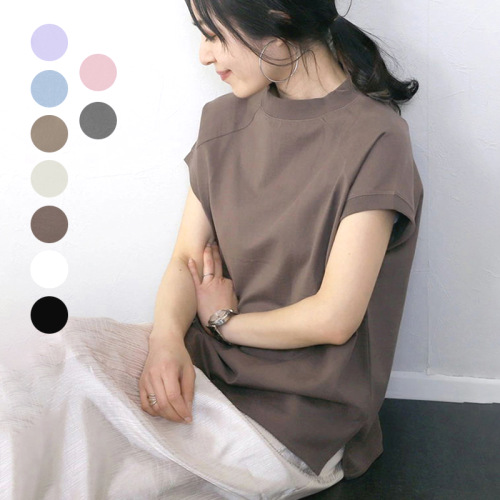 コットン  半袖  スリット  プルオーバー  夏服  レディース  トップス