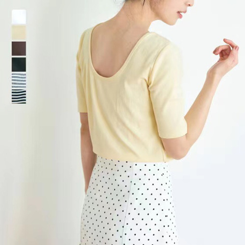 Tシャツ  無地  シンプル  ストライプ柄  カジュアル  半袖  夏服  デザイン  文芸  春夏  レトロ  デザイン性  ニッチ  レディース  トップス