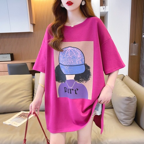 プリント  エイジング加工  コットン  半袖  クルーネック  スリット  夏服  韓国風  コットン100%  新作  おしゃれ / ファッション  2024  流行  レディース  トップス