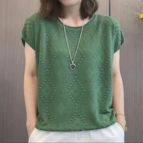 シルク  ニット  ニットトップス  半袖  ゆったり  クルーネック  夏服  薄  レディース  大きめサイズ  トップス