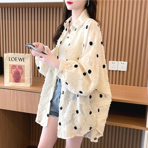 ドット  シャツ  長袖  夏服  薄  日焼け止め  通気性良い  ジャカード  新作  レディース  大きめサイズ  トップス