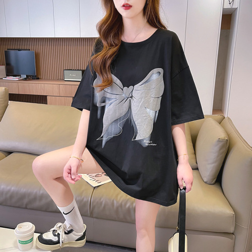 プリント  コットン  半袖  クルーネック  夏服  韓国風  普通  コットン100%  新作  2024  レディース  ミディ丈 / ミディアム丈  大きめサイズ  トップス