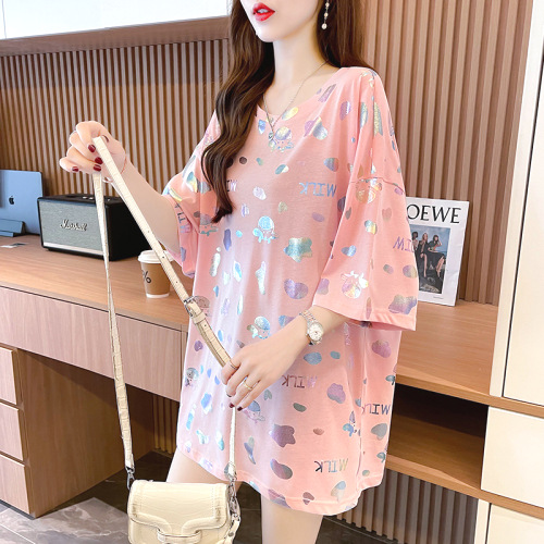 カジュアル  半袖  クルーネック  夏服  韓国風  普通  新作  2024  レディース  ミディ丈 / ミディアム丈  大きめサイズ  トップス