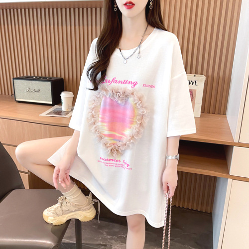 Tシャツ  レース  切り替え  シルク  チュニック  コットン  ゆったり  夏服  韓国風  普通  コットン100%  デコレーション  インスタ流行  流行  レディース  ミディ丈 / ミディアム丈  トップス