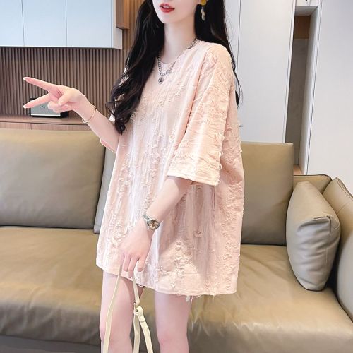 Tシャツ  半袖  ゆったり  ダメージ加工  夏服  デザイン  レイジー風  新作  インスタ流行  デザイン性  ニッチ  レディース  洗練された  トップス