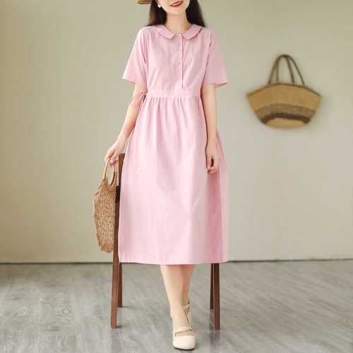 無地  ワンピース  ベージュ  コットン  半袖  Aライン  夏服  綿麻  文芸  普通  新作   レディース  ミディ丈 / ミディアム丈
