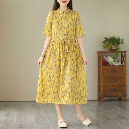 シャツ  ワンピース  ベージュ  コットン  ゆったり  ロング  夏服  綿麻  普通  リネン  新作  2024  ミディ丈 / ミディアム丈  大きめサイズ  洗練された