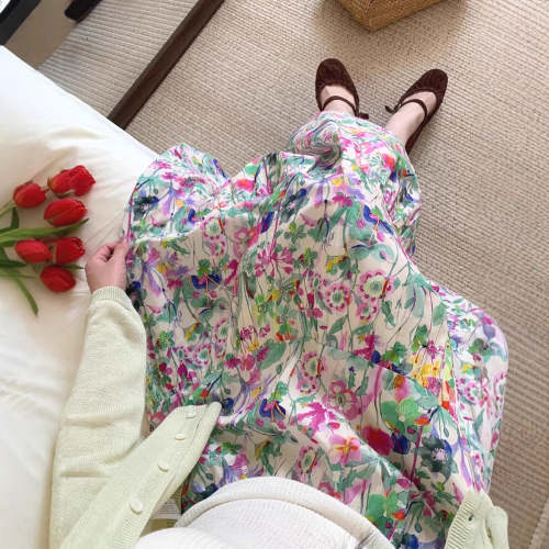 田園風春夏スリムAライン花柄バカンス風スカート