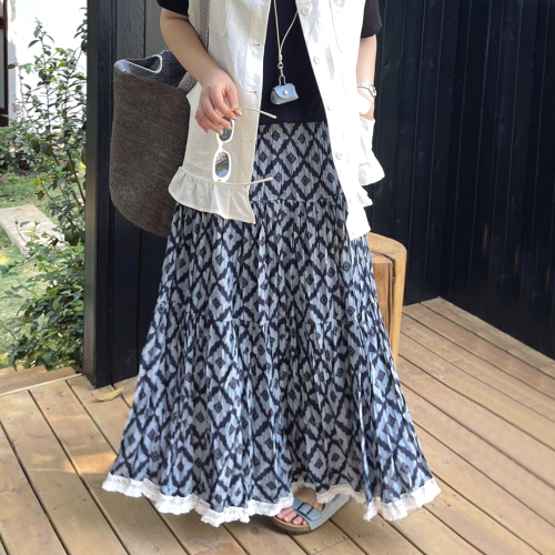 夏春秋花柄幾何型レトロハイウエスト大振裾スカート