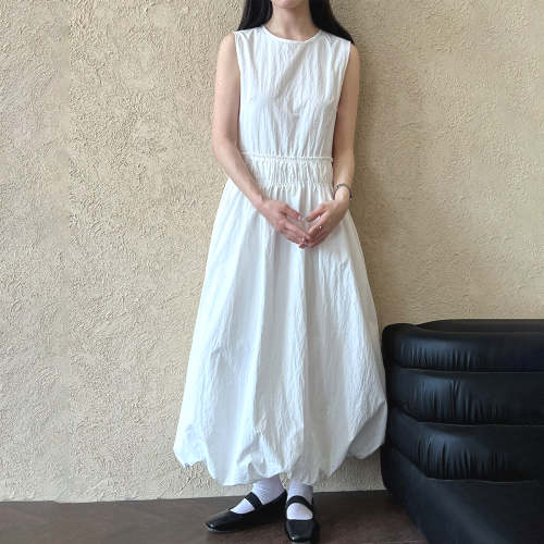 フレンチ春夏無地フラワーバッスルチェックノースリーブワンピース