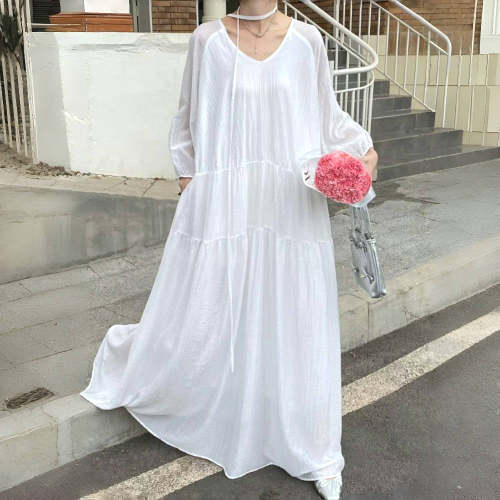 7カラー夏韓国風ゆったり大きめサイズロング丈無地長袖ワンピース
