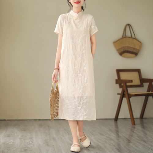 ワンピース  ベージュ  ロング  スタンドネック  夏服  中華風  新作  刺繍  2024  レディース