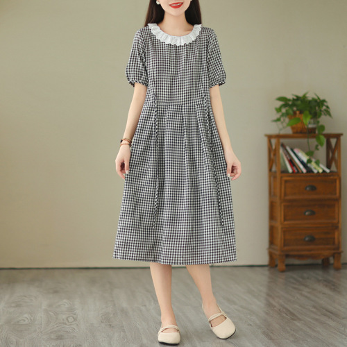 レース  ワンピース  パフスリーブ  シルク  ロング  クルーネック  夏服  ラウンドカラー  レトロ  日本風  レディース