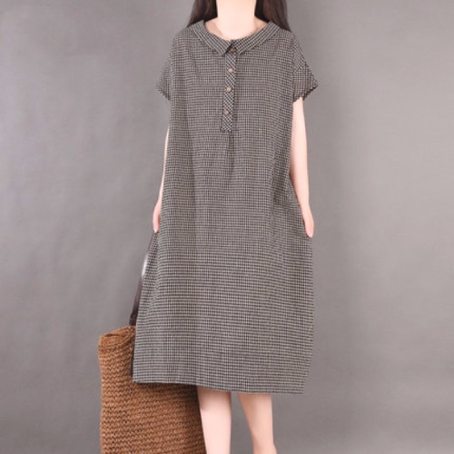 ワンピース  ベージュ  コットン  半袖  ゆったり  夏服  綿麻  文芸  通気性良い  レディース  大きめサイズ