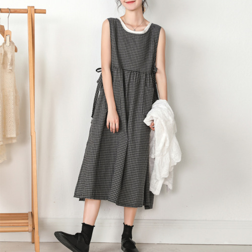 ワンピース  ベージュ  タンクトップ  すがすがしい  コットン  ゆったり  スリット  夏服  綿麻  レーシング  新作  日本風  レディース