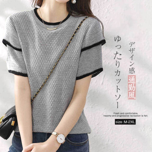 デザイン性抜群シンプル配色体型カバーラウンドネックアイスシルクセーターTシャツファッションcoordinateカジュアルコーデコーディネート今日のコーデ大人コーデレディースfashionootd春コーデ春服夏コーデ夏服