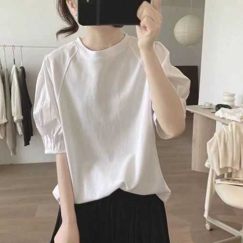 着回し力抜群ファッション感満々ランタンスリーブ無地レトロラウンドネックカジュアルTシャツファッションcoordinateカジュアルコーデコーディネート今日のコーデ大人コーデレディースfashionootd春コーデ春服夏コーデ夏服