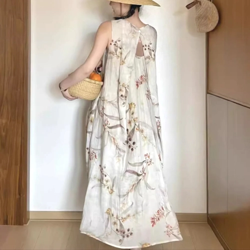 夏麻ゆったりラウンドネックノースリーブワンピース