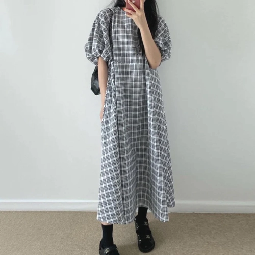 フレンチレトロチェック柄カジュアルバブルスリーブ夏半袖ワンピース