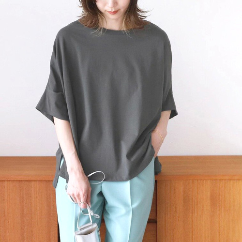 お買い得！ ラウンドネック 七分袖 スリット 無地 着痩せ効果 ファッション Tシャツ
