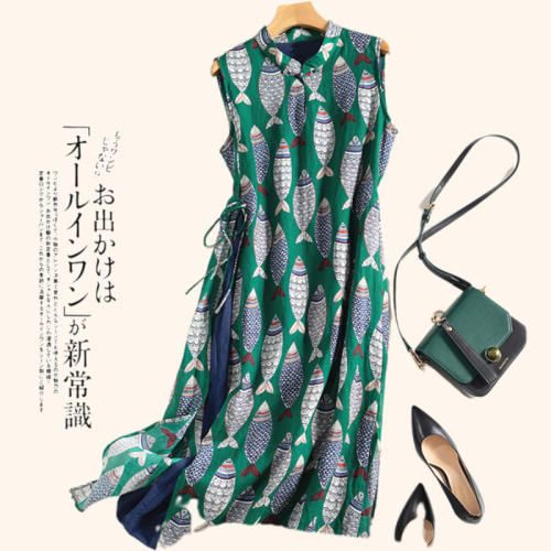 買わなきゃ損 ファッション ノースリーブ ボウタイ カジュアル 着痩せ効果 プリントワンピース 大人カジュアル   夏コーデ ファッション コーディネート 夏服 カジュアルコーデ 今日のコーデ 大人