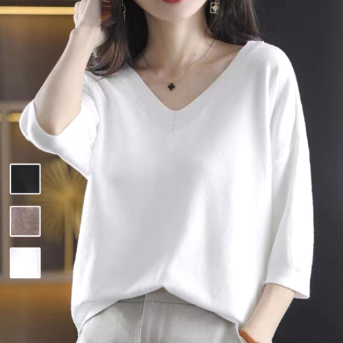 韓国人気新品 Vネック 無地 五分袖 プルオーバー ニット エレガント Tシャツ fashion ootd カジュアルコーデ ファッション コーディネート 今日のコーデ coordinate トレンドコーデ 着回しコーデ 大人コーデ 大人可