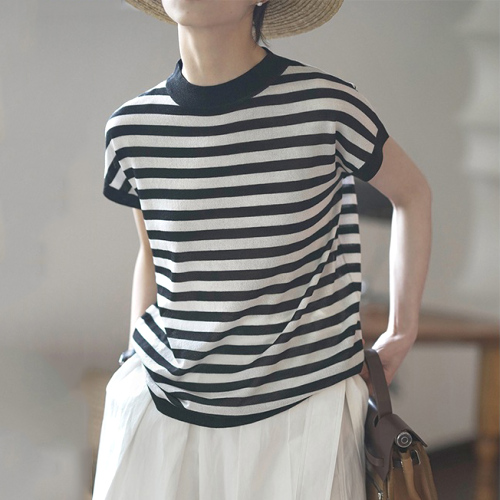 4色展開清新カジュアルボーダーコーディネート自在ハーフネックTシャツブラック黑ファッションcoordinateカジュアルコーデコーディネート今日のコーデ大人コーデレディースfashionootd春コーデ春服夏コーデ夏服
