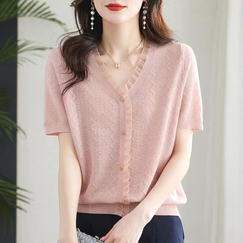Tシャツ  レース  シルク  ニット  半袖  Vネック  夏服  薄  若く見え  新作  レディース  洗練された