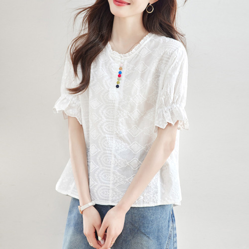 シャツ  レース  シルク  コットン  半袖  夏服  通勤/OL  デザイン  気質  新作  インスタ流行  デザイン性  ニッチ  レディース