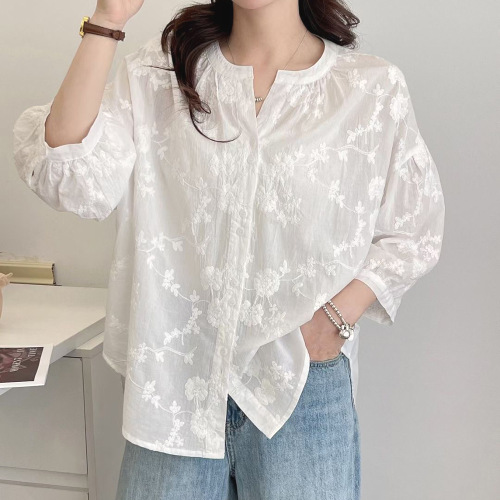 シャツ  ゆったり  夏服  7分  文芸  ジャカード  2024  レディース