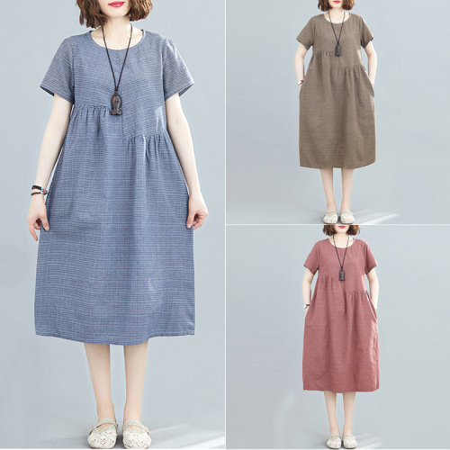 チェック柄  ワンピース  切り替え  ベージュ  コットン  半袖  ゆったり  クルーネック  夏服  綿麻  文芸  普通  新作   レディース  ミディ丈 / ミディアム丈