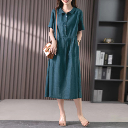 無地  ワンピース  切り替え  ベージュ  コットン  半袖  ゆったり  折り襟  夏服  綿麻  文芸  普通  新作  2024  23  レディース  ミディ丈 / ミディアム丈