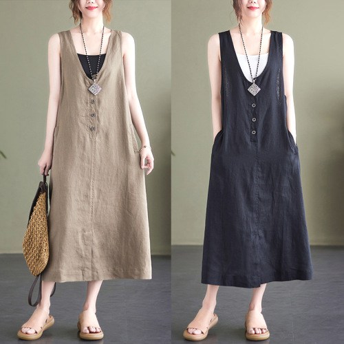 無地  ワンピース  ベージュ  コットン  ノースリーブ  ゆったり  Vネック  夏服  綿麻  文芸  なし  普通  新作  レディース  ミディ丈 / ミディアム丈