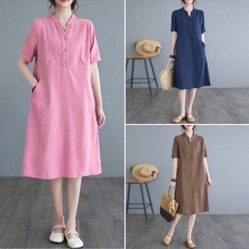無地  ワンピース  ベージュ  コットン  半袖  ゆったり  Vネック  夏服  綿麻  文芸  普通  新作  レディース  ミディ丈 / ミディアム丈