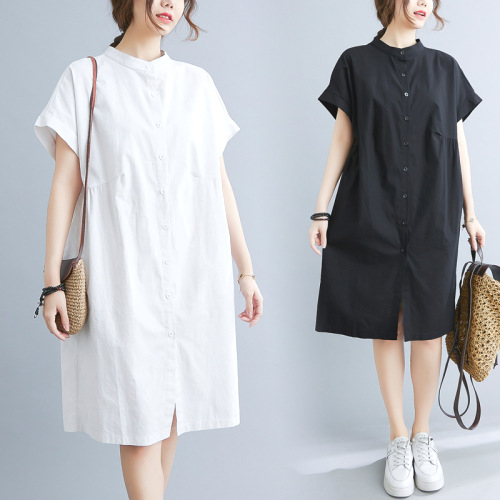 シャツ  無地  ワンピース  ベージュ  コットン  半袖  ゆったり  スタンドネック  夏服  綿麻  文芸  普通  新作  2024  レディース  ミディ丈 / ミディアム丈  カジュアルドレス
