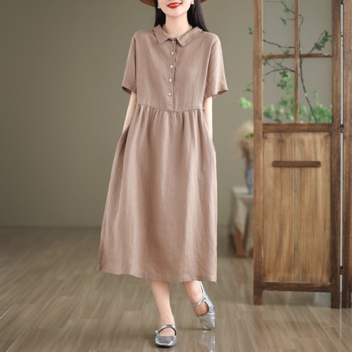 シャツ  無地  ワンピース  ベージュ  コットン  半袖  ゆったり  折り襟  夏服  綿麻  文芸  普通  新作   レディース  ミディ丈 / ミディアム丈  カジュアルドレス