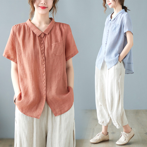シャツ  無地  半袖  ゆったり  折り襟  夏服  文芸  新作  レディース  トップス
