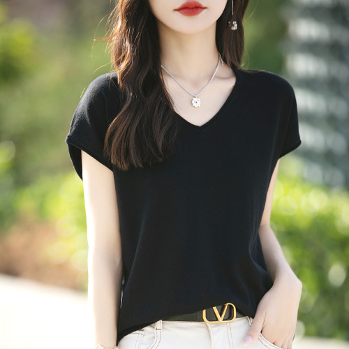 Tシャツ  シルク  ウール  ニット  ニットトップス  半袖  ゆったり  夏服  新作   レディース  トップス