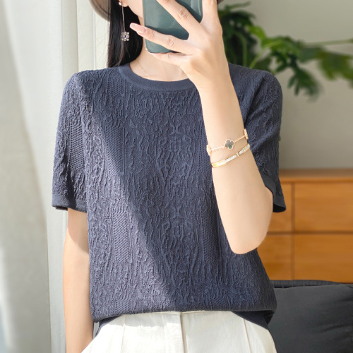 無地  シルク  半袖  クルーネック  夏服  ジャカード  新作  おしゃれ / ファッション  レディース  トップス