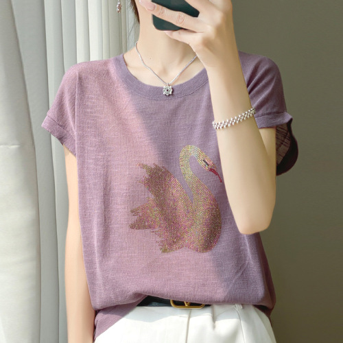Tシャツ  ベージュ  ニット  ニットトップス  コットン  半袖  クルーネック  新作  レディース