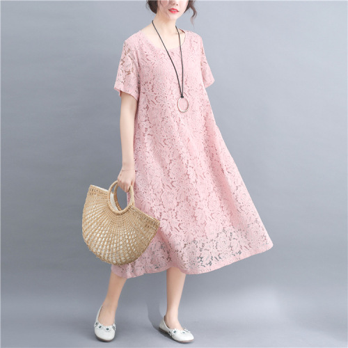 Aライン ラウンドネック すね丈 花模様 森ガール シンプル ファッション カジュアル 刺繍 レース  ワンピース