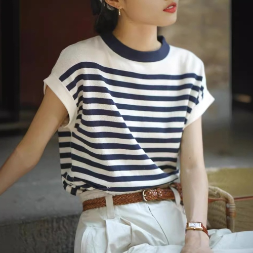 ファッション感満々シンプル 上品見え ボーダー コーディネート自在 ニット Tシャツ