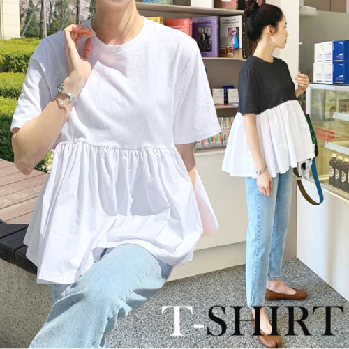 今季大注目 ラウンドネック 無地 プルオーバー ギャザー 半袖 カジュアル Tシャツ