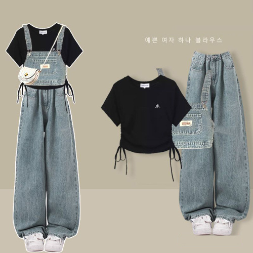 【単品注文】ファッション感満々コットン Ｔシャツ+ デニム キャミ+デニム ガウチョパンツ 3点セット